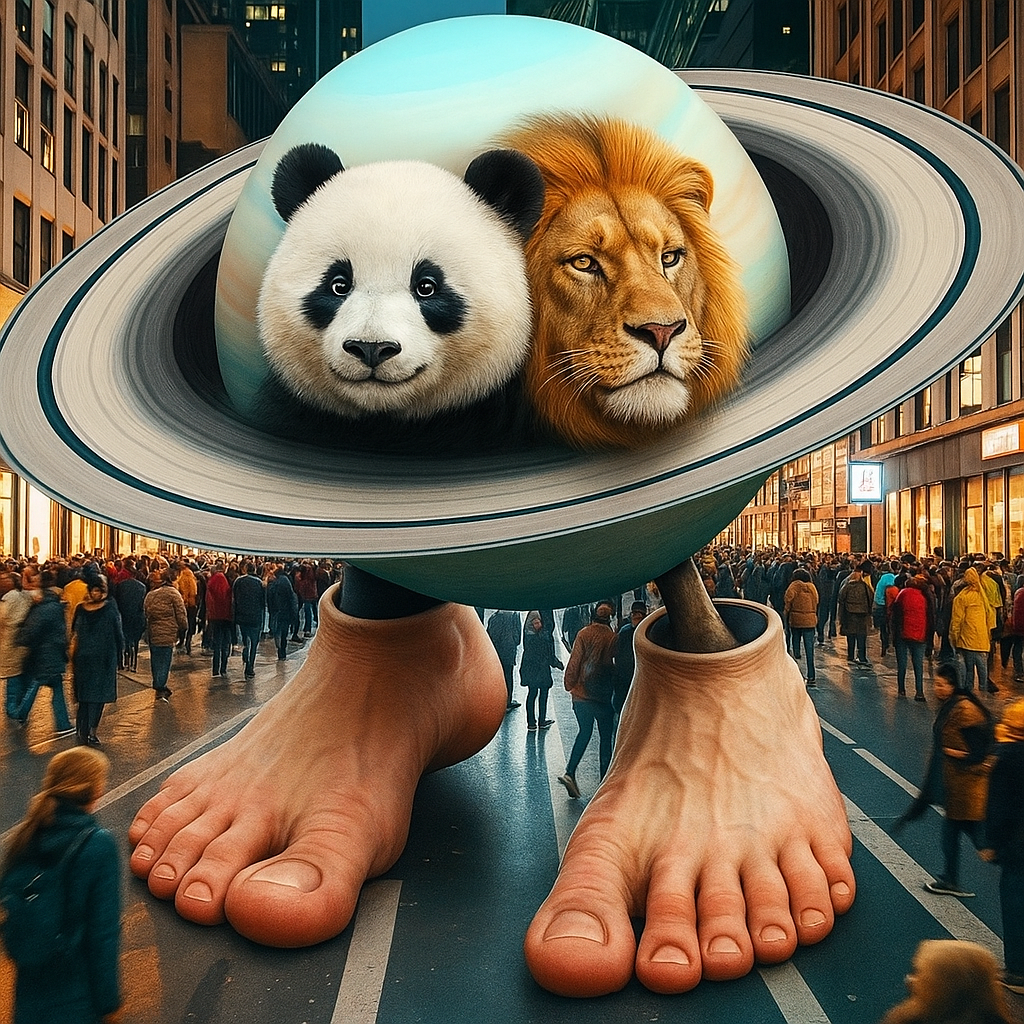 a panda and lion heads