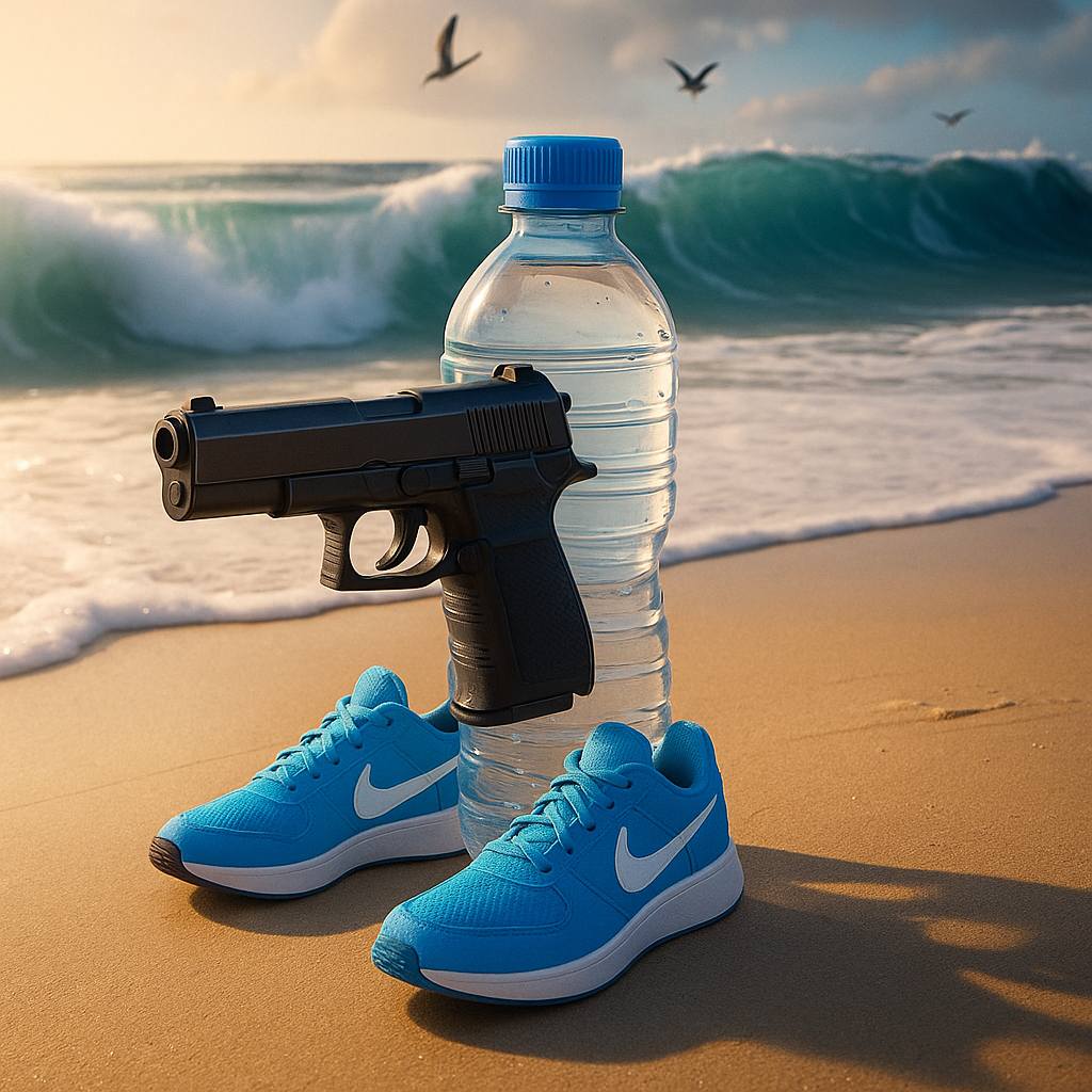 A water bottle with a gun