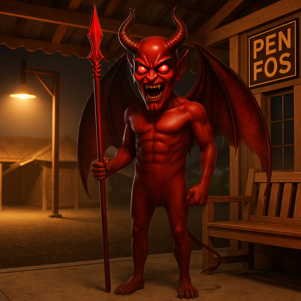 TUNG TUNG SAHUR DEMON WITH A RED SPEAR AND DEMON WINGS AND RED EYES AND HE IS RED AND EVIL